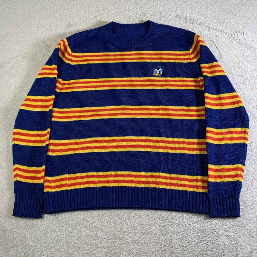 Disney Sweater Mens Small Blue Yellow Striped Donald Duck Knit Pullover Acrylic